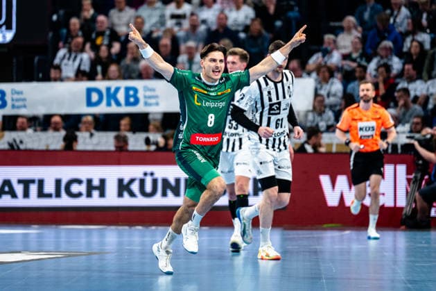 25 04 2026, xdobgx, Handball Daikin HBL, THW Kiel SC DHfK Leipzig v l Lucas Krzikalla SC DHfK Leipzig Verein, 8 Jubel, Torjubel, jubelt über das Tor, celebrate the goal, celebration Kiel
