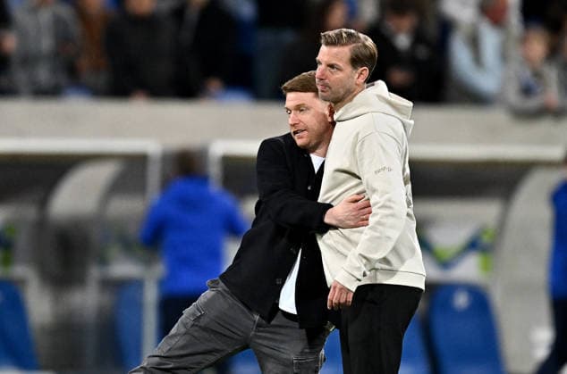 25 04 2026, xfux, Fussball 2 Bundesliga, SV Darmstadt 98 SV Elversberg v l Sporting Director Paul Fernie SV Darmstadt 98 , Coach Florian Kohfeldt SV Darmstadt 98 DFL DFB REGULATIONS PROHIBIT ANY USE OF PHOTOGRAPHS as IMAGE SEQUENCES and or QUASI VIDEO Darmstadt