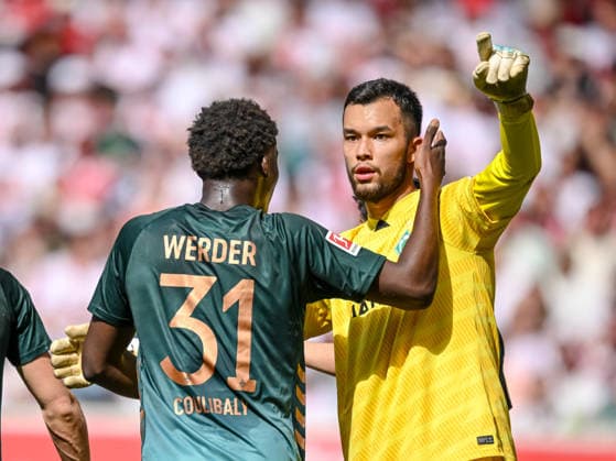 Karim Coulibaly Werder Bremen and goalkeeper Mio Backhaus Werder Bremen gestures, gestures during the Bundesliga match between VfB Stuttgart and SV Werder Bremen, MHPArena Stuttgart on April 26, 2026 in Stuttgart, Germany Photo by Harry Langer DeFodi Images Karim Coulibaly Werder Bremen and goalkeeper Mio Backhaus Werder Bremen gestures during the Bundesliga match between VfB Stuttgart and SV Werder Bremen at MHPArena Stuttgart on April 26, 2026 in Stuttgart, Germany Photo by Harry Langer DeFodi Images DFL regulations prohibit any use of photographs as image sequences and or quasi video Photo by Harry Langer DeFodi Images DFL regulations prohibit any use of photographs as image sequences and or quasi video