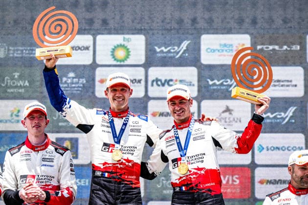 Sport Bilder des Tages AUTO - WRC, Motorsport Rallye, WM - RALLY ISLAS CANARIAS 2026 OGIER Sebastien, LANDAIS Vincent, Toyota GR Yaris Rally1, portrait, podium, portrait during the 2026 Rally Islas Canarias, 5th round of the 2026 FIA WRC World Rally Car Championship, from April 23 to 26, 2026 at Las Palmas, Gran Canaria, Spain - Las PalmasSpain Copyright: xNikosxKatikisx