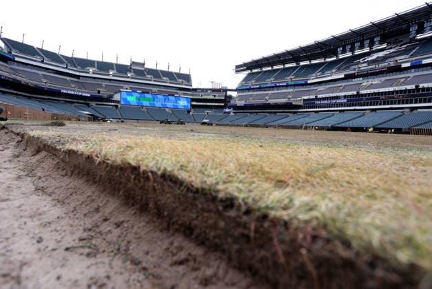 April 28, 2026, Washington Dc, Virginia, USA: Contractors work to prepare the field and the bleachers at Lincoln Financial Field, one of the stadiums hosting the 2026 FIFA World Cup, WM, Weltmeisterschaft, Fussball at Lincoln Financial Field in Philadelphia, USA, on April 28, 2026. Philadelphia Stadium will host six matches at the FIFA World Cup 2026, including one knockout-stage fixture on American Independence Day. The full match schedule for the biggest-ever FIFA World Cup has now been unveiled, giving the framework for the 104-game tournament featuring 48 teams across 16 host cities in three countries à Canada, Mexico, and the United States. Washington Dc USA - ZUMAs337 20260428_znp_s337_004 Copyright: xGentxShkullakux