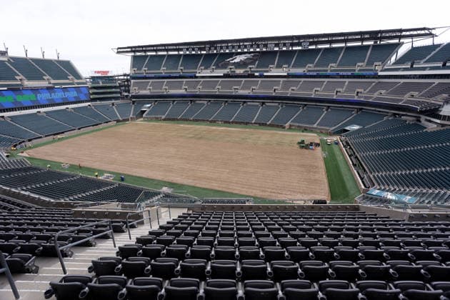 April 28, 2026, Washington Dc, Virginia, USA: Contractors work to prepare the field and the bleachers at Lincoln Financial Field, one of the stadiums hosting the 2026 FIFA World Cup, WM, Weltmeisterschaft, Fussball at Lincoln Financial Field in Philadelphia, USA, on April 28, 2026. Philadelphia Stadium will host six matches at the FIFA World Cup 2026, including one knockout-stage fixture on American Independence Day. The full match schedule for the biggest-ever FIFA World Cup has now been unveiled, giving the framework for the 104-game tournament featuring 48 teams across 16 host cities in three countries à Canada, Mexico, and the United States. Washington Dc USA - ZUMAs337 20260428_znp_s337_022 Copyright: xGentxShkullakux
