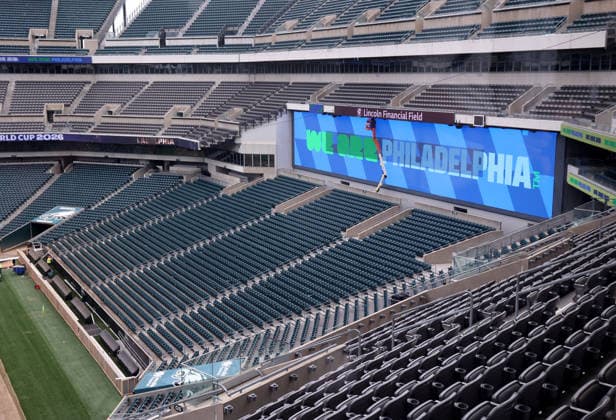 April 28, 2026, Washington Dc, Virginia, USA: Contractors work to prepare the field and the bleachers at Lincoln Financial Field, one of the stadiums hosting the 2026 FIFA World Cup, WM, Weltmeisterschaft, Fussball at Lincoln Financial Field in Philadelphia, USA, on April 28, 2026. Philadelphia Stadium will host six matches at the FIFA World Cup 2026, including one knockout-stage fixture on American Independence Day. The full match schedule for the biggest-ever FIFA World Cup has now been unveiled, giving the framework for the 104-game tournament featuring 48 teams across 16 host cities in three countries à Canada, Mexico, and the United States. Washington Dc USA - ZUMAs337 20260428_znp_s337_023 Copyright: xGentxShkullakux