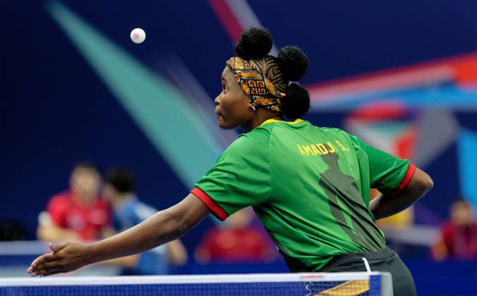 Stecy AMADJI, Benin, at the World Team Table Tennis Championships in London Hairstyling Stecy AMADJI, Benin, at the World Team Table Tennis Championships in London 28 4 10 5 on April 29 at the Copper Box Arena London OVO Arena Wembley, Copper Box Arena London England