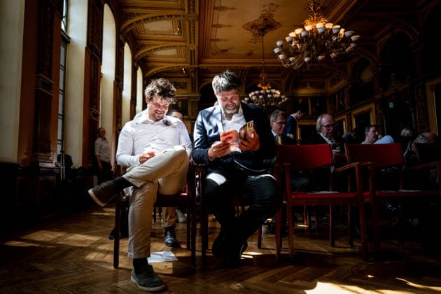 260430 Magnus Carlsen with his coach Peter Heine Nielsen during the draw ceremony ahead of the TePe Sigeman Co Chess Tournament on April 30, 2026 in Malmö Photo Petter Arvidson BILDBYRAN kod PA PA1201 Chess schack bbeng pressträff TePe Sigeman Co Chess Tournament  Copyright: PETTERxARVIDSON BB260430PA020