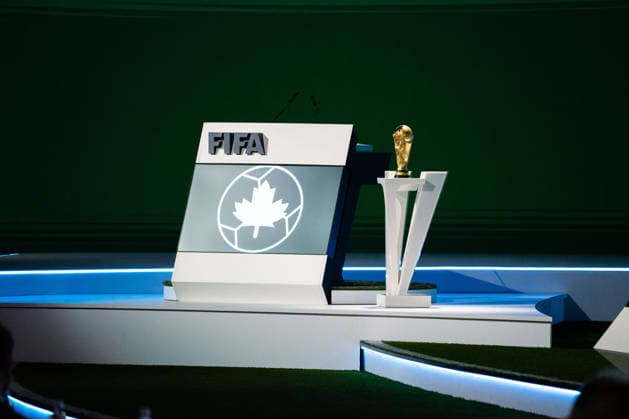 VANCOUVER, CANADA - APRIL 30: The official FIFA logo and FIFA World Cup, WM, Weltmeisterschaft, Fussball trophy are shown during the 76th FIFA Congress meeting at the Vancouver Convention Centre on April 30, 2026 in Vancouver, British Columbia, Canada. Copyright: xAmyxElle SPPx Sportspressphoto_SPR138912