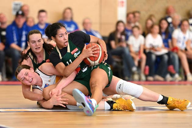 Basketball Toyota 1 Womens Bundesliga Final for the German Championship 4 Match BC Pharmaserv Marburg Rutronik Stars Keltern on 01 05 2026 in the sports hall at the Georg Gaßmann Stadium in Marburg Kilyn McGuff Keltern against Allyson Fertig Marburg and Maud Huijbens Keltern DFL regulations prohibit any use of photographs as image sequences and or quasi video xJKx