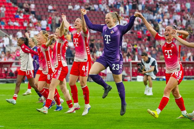 02 05 2026, xydrx, Women, Football, 1 Women Bundesliga, 1 FC Köln SV Werder Bremen, Season 2025 2026, RheinEnergieSTADION Laura Vogt FC Köln, 8 Anna Lena Stolze FC Köln, 7 Anna Lena Stolze FC Köln, 7 Sara Agrez FC Köln, 4 Aurora Mikalsen FC Köln, 23 Vanessa Leimenstoll FC Köln, 29 celebrate the victory DFB regulations prohibit any use of photographs as image sequences and or quasi video Copyright: HMBxMedia YannisxDreimann