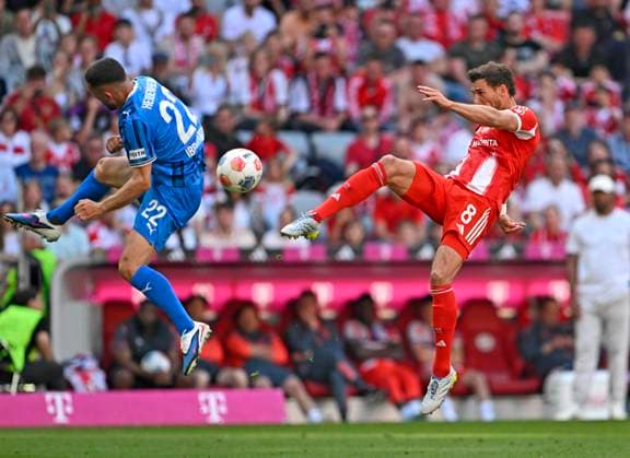 02 05 2026, Soccer Bundesliga 2025 2026, Matchday 32, FC Bayern Munich 1 FC Heidenheim, at the Allianz Arena Munich, v l Arijon Ibrahimovic 1 FC Heidenheim 1846 vs Leon Goretzka FC Bayern Munich DFL and DFB regulations prohibit any use of photographs as image sequences and or quasi video