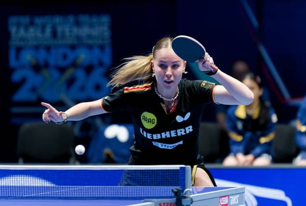 Annett Kaufmann, Germany, SV DJK Kolbermoor, at the World Team Table Tennis Championships in London at the OVO Arena Wembley Annett Kaufmann, Germany, SV DJK Kolbermoor, U19 World Champion 2024 and German Champion 2025 and 2026, at the World Team Table Tennis Championships in London 28 4 10 5 at the OVO Arena Wembley on 2 May in the second World Championship preliminary round match of Group B for the seeding positions for the final round against England London London OVO Arena Wembley London England