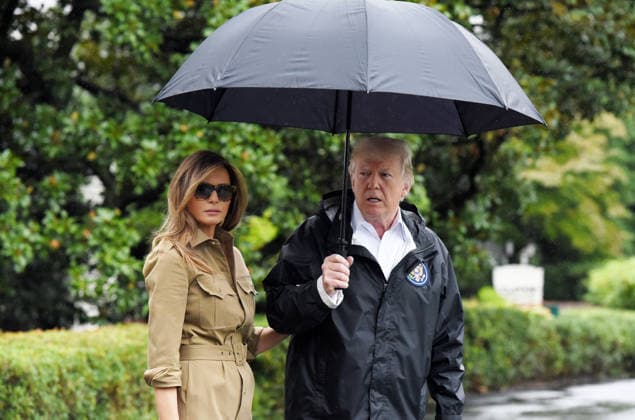 September 2, 2017 - Washington, District of Columbia, United States of America - United States President Donald J. Trump and first lady Melania Trump look towards the press pool prior to their Marine One departure from the White House September 2, 2017 in Washington, DC. The President and first lady are traveling to Texas to visit individuals impacted by Hurricane Harvey. .Credit: Olivier Douliery Pool via CNP Copyright: xOlivierxDoulieryx