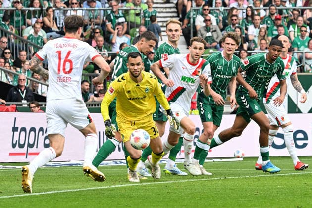 Goalkeeper Mio Backhaus SV Werder Bremen 30 , SV Werder Bremen FC Augsburg, Football, Bundesliga, DFL, 02 05 2026 DFB regulations prohibit any use of photographs as image sequences and or quasi video Bremen Bremen Germany Copyright: xkolbert-press BurghardxSchreyerx