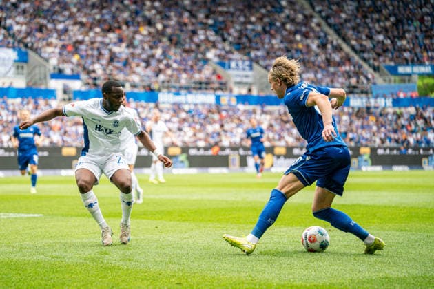 03 05 2026, xdaymx, Soccer 2 Bundesliga, Karlsruher SC SV Darmstadt 98 Merveille Papela SV Darmstadt 98 and David Herold Karlsruher SC in duel DFL DFB REGULATIONS PROHIBIT ANY USE OF PHOTOGRAPHS as IMAGE SEQUENCES and or QUASI VIDEO Karlsruhe