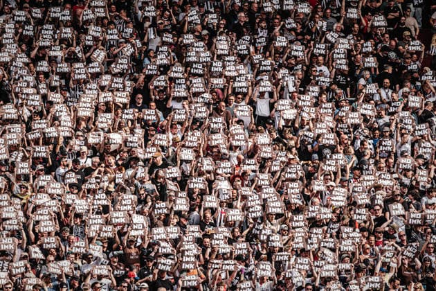 Soccer Men Season 2025 2026 Soccer Bundesliga 32 Matchday FC St Pauli vs 1 FSV Mainz 05 03 05 2026 Protest of the fans against the Interior Ministers Conference No IMK Hamburg Millerntor Stadium Hamburg Germany