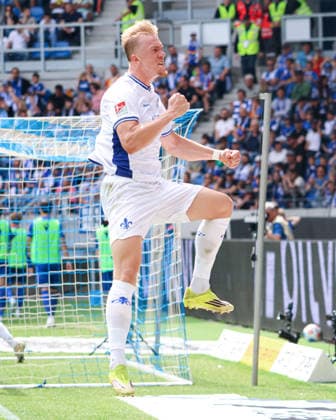 Germany Karlsruher SC vs SV Darmstadt 98, Matchday 32, 2 Bundesliga, Season 2025 26, BBBank Wildpark Karlsruhe Cheers Isac Lidberg, SV Darmstadt 98, 7 after his goal Karlsruhe BBBank Wildpark Baden Württemberg Germany Copyright: xBenedictxChristx