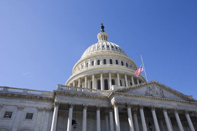 October 3, 2017 - Washington, District Of Columbia, USA - The flag of the United States of America flies at half-staff above the United States Capitol Building a day after the deadliest mass shooting in American history in Las Vegas, Nevada. Copyright: xAlexxEdelmanx
