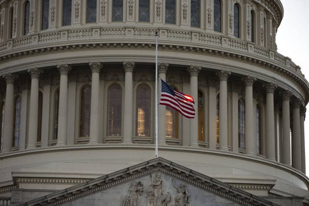 October 3, 2017 - Washington, District Of Columbia, USA - The flag of the United States of America flies at half-staff above the United States Capitol Building a day after the deadliest mass shooting in American history in Las Vegas, Nevada. Copyright: xAlexxEdelmanx