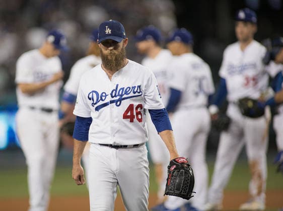 October 7, 2017 - Los Angeles, California, U.S - Relief pitcher, Josh Fields 46 of the Los Angeles Dodgers leaves the game during Game 2 of the NLDS against the Arizona Diamondbacks on Saturday October 7, 2017 at Dodger Stadium in Los Angeles, California. Dodgers defeat Diamondbacks, 8-5. Copyright: xJavierxRojasx