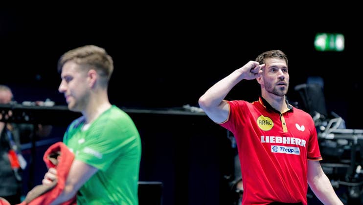 Patrick Franziska, Germany, 1 FC Saarbrücken TT, advances with his team to the round of 16 at the World Team Table Tennis Championships in London at the OVO Arena Wembley by beating Slovenia Patrick Franziska, Germany, 1 FC Saarbrücken TT, winner Europe Top 16 2021 and Saudi Smash Finalist 2024, wins with his team on May 5, 2026 in the OVO Arena Wembley at the World Team Table Tennis Championships in London in the final round match for a place in the round of 16 against Slovenia with 3-0 and makes the break against top player Darko Jorgic London OVO Arena Wembley London England