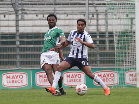 Joel Chinaemerem Amadi VfB Luebeck , Aurel Loubongo VfB Luebeck Football, Men, Season 2025 2026, RL Nord, VfB Luebeck vs VfB Oldenburg DFL REGULATIONS PROHIBIT ANY USE OF PHOTOGRAPHS AS IMAGE SEQUENCES AND OR QUASI VIDEO