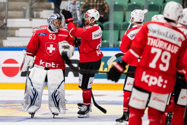 260507 Goaltender Leonardo Genoni and Roman Josi of Switzerland celebrates after the Beijer Hockey Games game between Finland and Switzerland on May 7, 2026 in Ängelholm Photo Petter Arvidson BILDBYRAN kod PA PA1208 ishockey ice hockey hockey games beijer hockey games finland schweiz switzerland bbeng jubel celebrates finland  Copyright: PETTERxARVIDSON BB260507PA089