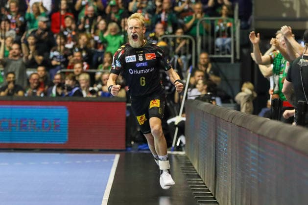 07 05 2026, xgox, Handball EHF Champions League 1 4 Final SC Magdeburg Pick Szeged v l Matthias Musche Magdeburg, 6 Jubel, Torjubel, jubelt ueber das Tor, celebrate the goal, celebration Magdeburg