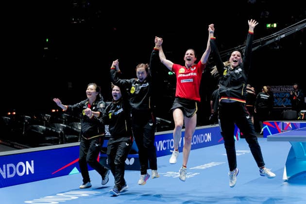 Sabine Winter, Germany, TSV Dachau, World Cup third and Europe Top 16 winner, leads Germany to victory over Hong Kong at the World Table Tennis Championships in London with two points and thus to at least a bronze medal The Winter fairytale continues Sabine Winter, Germany, TSV Dachau, World Cup third and Europe Top 16 winner, leads Germany to the quarter-finals of the World Team Table Tennis Championships in London on May 7, beating Hong Kong twice to reach the semi-finals Germany has secured at least bronze As she thanks the crowd, Winter jumps the highest, with Annett Kaufmann to her right and Yuan Wan, Nina Mittelham and Ying Han to her left London OVO Arena Wembley London England