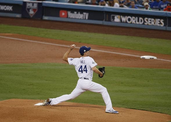 October 31, 2017 - Los Angeles, California, U.S - Starting pitcher, Rich Hill 44 of the Los Angeles Dodgers on the mound during Game 6 of the World Series against the Houston Astros on Tuesday October 31, 2017 at Dodger Stadium in Los Angeles, California. Astros lead series 3-2. Dodgers vs. Astros World Series, Game 6. Copyright: xArmandoxArorizox