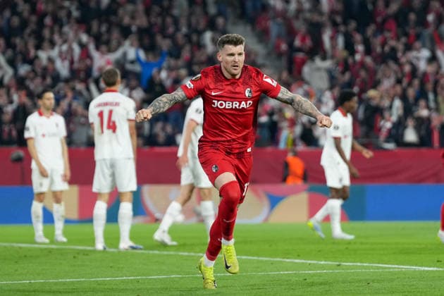 Lukas Kübler Lukas Kuebler SC Freiburg, 17 goal celebration, emotions, goal shot, finish, goal success, goal, goal , Germany, football, UEFA Europa League, semi-final, second leg, 2025 2026, SC Freiburg vs SC Braga, 07 05 2026, Europa Park Stadion, Freiburg Freiburg Europa Park Stadion Baden Württemberg Germany Copyright: xArnexAmbergx