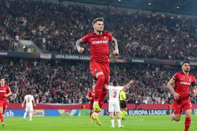 Lukas Kübler Lukas Kuebler SC Freiburg, 17 goal celebration, emotions, goal shot, finish, goal success, goal, goal , Germany, football, UEFA Europa League, semi-final, second leg, 2025 2026, SC Freiburg vs SC Braga, 07 05 2026, Europa Park Stadion, Freiburg Freiburg Europa Park Stadion Baden Württemberg Germany Copyright: xArnexAmbergx