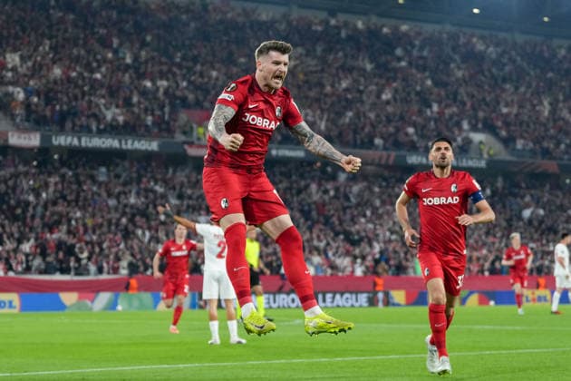 Lukas Kübler Lukas Kuebler SC Freiburg, 17 goal celebration, emotions, goal shot, finish, goal success, goal, goal , Germany, football, UEFA Europa League, semi-final, second leg, 2025 2026, SC Freiburg vs SC Braga, 07 05 2026, Europa Park Stadion, Freiburg Freiburg Europa Park Stadion Baden Württemberg Germany Copyright: xArnexAmbergx