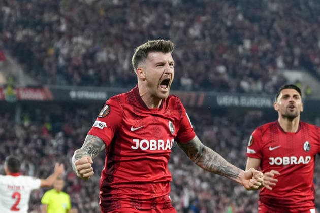 Lukas Kübler Lukas Kuebler SC Freiburg, 17 goal celebration, emotions, goal shot, finish, goal success, goal, goal , Germany, football, UEFA Europa League, semi-final, second leg, 2025 2026, SC Freiburg vs SC Braga, 07 05 2026, Europa Park Stadion, Freiburg Freiburg Europa Park Stadion Baden Württemberg Germany Copyright: xArnexAmbergx