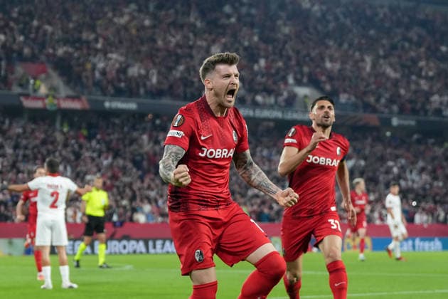 Lukas Kübler Lukas Kuebler SC Freiburg, 17 goal celebration, emotions, goal shot, finish, goal success, goal, goal , Germany, football, UEFA Europa League, semi-final, second leg, 2025 2026, SC Freiburg vs SC Braga, 07 05 2026, Europa Park Stadion, Freiburg Freiburg Europa Park Stadion Baden Württemberg Germany Copyright: xArnexAmbergx