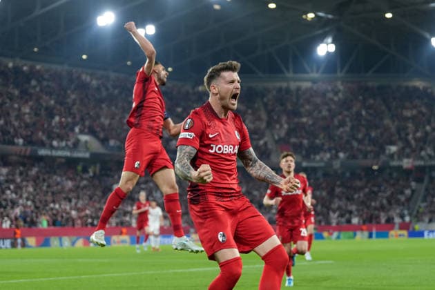 Lukas Kübler Lukas Kuebler SC Freiburg, 17 goal celebration, emotions, goal shot, finish, goal success, goal, goal , Germany, football, UEFA Europa League, semi-final, second leg, 2025 2026, SC Freiburg vs SC Braga, 07 05 2026, Europa Park Stadion, Freiburg Freiburg Europa Park Stadion Baden Württemberg Germany Copyright: xArnexAmbergx
