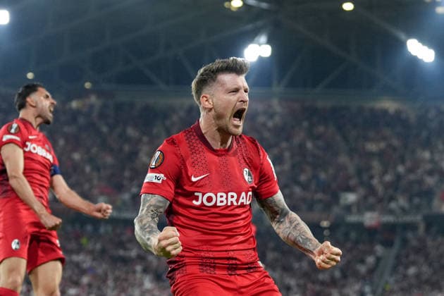 Lukas Kübler Lukas Kuebler SC Freiburg, 17 goal celebration, emotions, goal shot, finish, goal success, goal, goal , Germany, football, UEFA Europa League, semi-final, second leg, 2025 2026, SC Freiburg vs SC Braga, 07 05 2026, Europa Park Stadion, Freiburg Freiburg Europa Park Stadion Baden Württemberg Germany Copyright: xArnexAmbergx