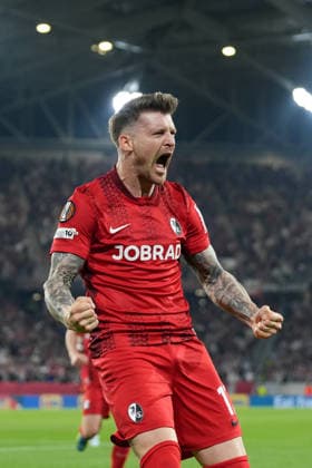 Lukas Kübler Lukas Kuebler SC Freiburg, 17 goal celebration, emotions, goal shot, finish, goal success, goal, goal , Germany, football, UEFA Europa League, semi-final, second leg, 2025 2026, SC Freiburg vs SC Braga, 07 05 2026, Europa Park Stadion, Freiburg Freiburg Europa Park Stadion Baden Württemberg Germany Copyright: xArnexAmbergx
