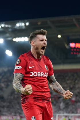 Lukas Kübler Lukas Kuebler SC Freiburg, 17 goal celebration, emotions, goal shot, finish, goal success, goal, goal , Germany, football, UEFA Europa League, semi-final, second leg, 2025 2026, SC Freiburg vs SC Braga, 07 05 2026, Europa Park Stadion, Freiburg Freiburg Europa Park Stadion Baden Württemberg Germany Copyright: xArnexAmbergx