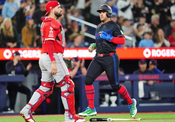 May 8, 2026, Toronto, On, CANADA: Toronto Blue Jays designated hitter George Springer (4) scores as Los Angeles Angels catcher Sebastian Rivero (38) looks on during third inning MLB, Baseball Herren, USA baseball action in Toronto on Friday, May 8, 2026. Canada News - May 8, 2026  - ZUMAc35_ 20260508_zaf_c35_205 Copyright: xFrankxGunnx
