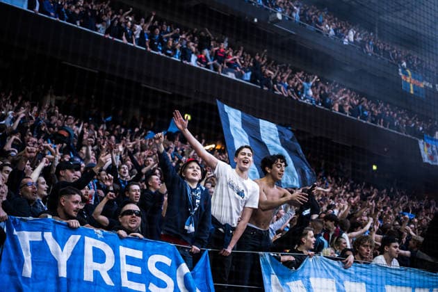 260510 Djurgarden supporters during the football match in Allsvenskan between AIK and Djurgarden on May 10, 2026 in Stockholm  Copyright: MAXIMxTHORE BB260510MT039