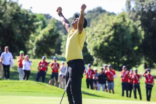 Spain - DP World Tour European Swing - Estrella Damm Catalunya Championship - 10 05 2026 SPAIN, TERRASSA, MAY 10. Yurav Premlall of South Africa celebrates after winning the Estrella Damm Catalunya Championship, part of the DP World Tour European Swing on May 10, 2026 at Real Club de Golf El Prat in Terrassa, nearby Barcelona, Spain. Photo by Manuel Blondeau AOP.Press Terrassa Real Club de Golf El Prat Spain Copyright: x ManuelxBlondeau AOP.Pressx AOP20260510-00001
