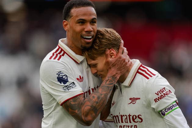 Premier League 2025 26 West Ham v Arsenal London Stadium 10.05.2026 Martin Odegaard of Arsenal and Gabriel of Arsenal at the end of the match Premier League 2025 26 West Ham v Arsenal London Stadium 10.05.2026 Photograph By Marc Aspland The Times  Copyright: xMarcxAsplandx NINTCHDBPICT001079659738