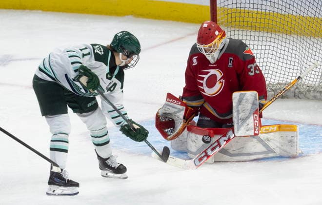 May 10, 2026, Ottawa, On, Canada: Ottawa Charge goalie Gwyneth Philips (33) makes a save on Boston Fleet forward Alina Muller (11) during first period ..PWHL playoff action in Ottawa, Sunday, May 10, 2026. Canada News - May 10, 2026  - ZUMAc35_ 20260510_zaf_c35_081 Copyright: xAdrianxWyldx