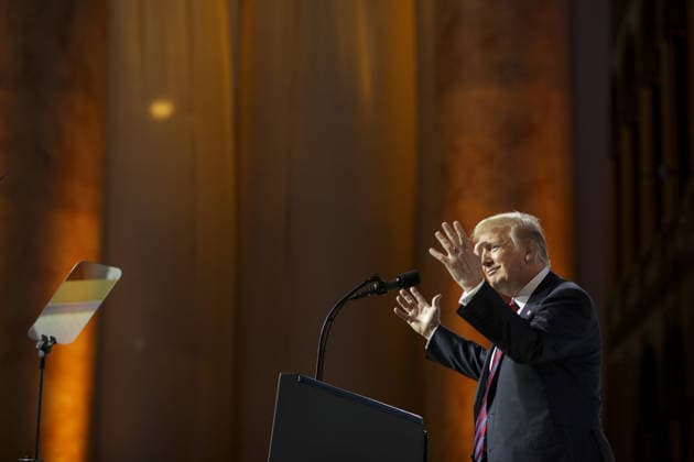 May 22, 2018 - Washington, District of Columbia, U.S. - United States President Donald J. Trump gestures as he speaks during the Susan B. Anthony List 11th Annual Campaign for Life Gala at the National Building Museum. Copyright: xOliverxContrerasx
