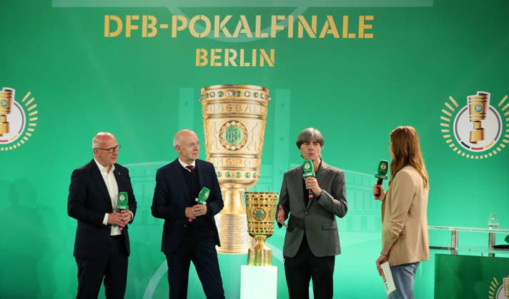 Mayor Kai Wegner, DFB President Bernd Neuendorf, Jochaim Löw bring the trophy Sport Football Soccer Cup Handover DFB Cup 2026 in the Rotes Rathaus Season 2025 2026 11 05 2026 FC Bayern Munich vs VfB Stuttgart