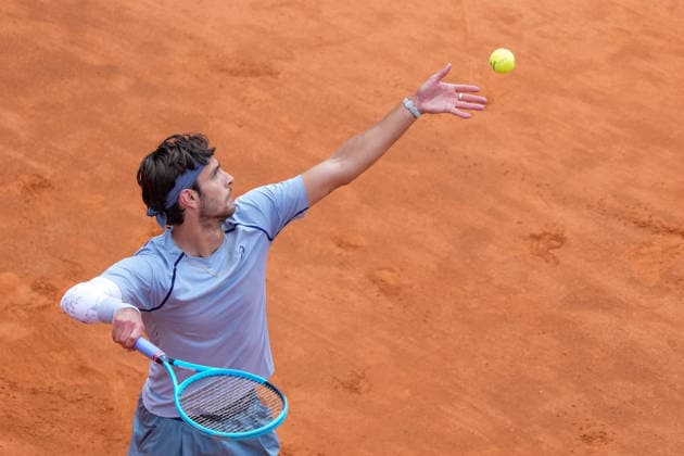 Lorenzo Musetti of Italy serves during the match against Casper Ruud of Norway at the Internazionali BNL d Italia 2026 tennis tournament at Foro Italico in Rome (Italy) on May, 12, 2026. AntoniettaxBaldassarre
