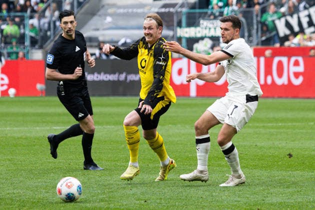 Mönchengladbach, Germany 03 May 2026 1 BL 2025 2026 Sp 32 Borussia Mönchengladbach v Borussia Dortmund Pictured from left in duel Julian Brandt BVB and Kevin Stöger Stoeger BMG DFL regulations prohibit any use of photographs as image sequences and or quasi video Borussia Park Nordrhein Westfalen Copyright: xFotostandx xGörtzx