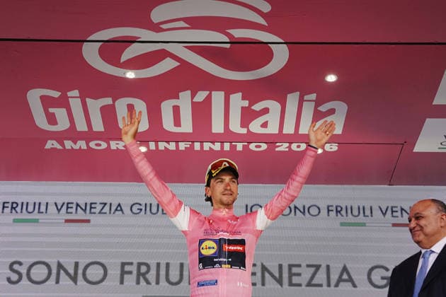Italy™s Giulio Ciccone of Lidl-Trek pink jersey on the podium during Stage 4 of the Giro d™Italia, from Catanzaro to Cosenza, Italy, Tuesday, May 12, 2026.  Copyright: xGianxMattiaxD Albertox xLaPressex