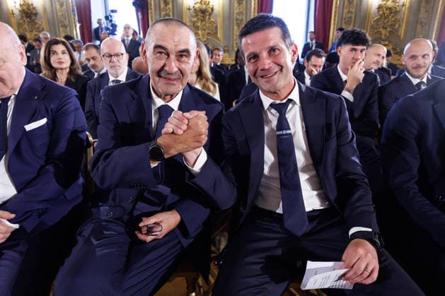 Maurizio Sarri e Cristian Chivu al Quirinale in occasione dell™incontro tra il presidente della Repubblica Sergio Mattarella e le delegazioni di Lazio e Inter, finaliste della Coppa Italia di calcio Frecciarossa 2025 2026, Roma, MartedÃ¬ 12 Maggio 2026 (Foto Roberto Monaldo LaPresse) Maurizio Sarri and Cristian Chivu at the Quirinale during the meeting during the meeting between the President of the Republic Sergio Mattarella and the delegations of the Lazio and Inter football teams, finalists of the 2025 2026 Frecciarossa Italian Cup, Rome, Tuesday, May 12, 2026  Copyright: xRobertoxMonaldo LaPressex