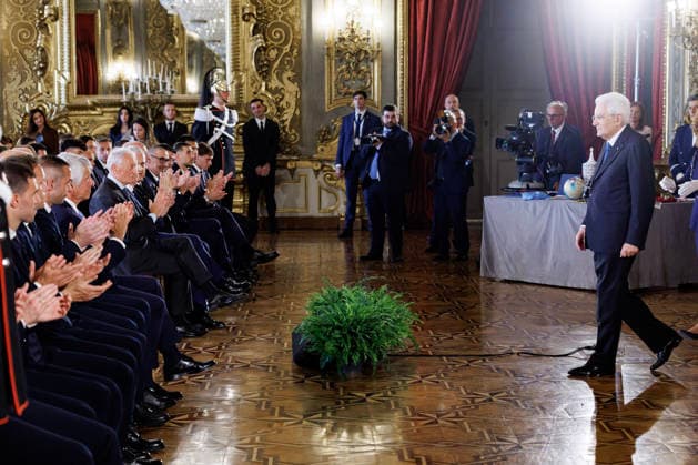 Il presidente della Repubblica Sergio Mattarella al Quirinale in occasione dell™incontro tra il presidente della Repubblica Sergio Mattarella e le delegazioni di Lazio e Inter, finaliste della Coppa Italia di calcio Frecciarossa 2025 2026, Roma, MartedÃ¬ 12 Maggio 2026 (Foto Roberto Monaldo LaPresse) President of the Republic Sergio Mattarella at the Quirinale during the meeting during the meeting between the President of the Republic Sergio Mattarella and the delegations of the Lazio and Inter football teams, finalists of the 2025 2026 Frecciarossa Italian Cup, Rome, Tuesday, May 12, 2026  Copyright: xRobertoxMonaldo LaPressex