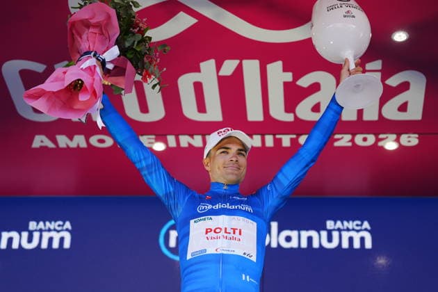 Spain™s Diego Pablo Sevilla Lopez of Team Polti VisitMalta azure jersey on the podium during Stage 4 of the Giro d™Italia, from Catanzaro to Cosenza, Italy, Tuesday, May 12, 2026.  Copyright: xMassimoxPaolone LaPressex